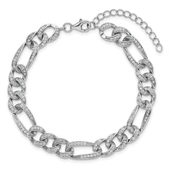 Sterling Silver Rhodium-plated Polished CZ 8.5mm Figaro Link 7 Inch with 1.5 Inch Extension Bracelet QG6868-7