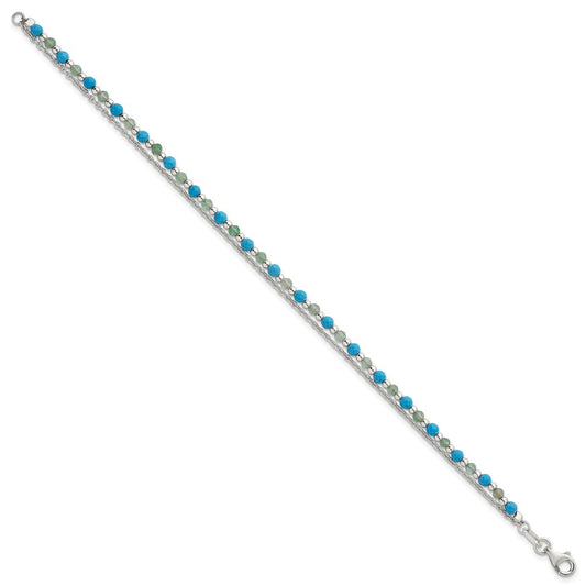 Sterling Silver Polished Green Aventurine and Turquoise Beaded Double Strand 7.5 inch Bracelet QG6872-7.5