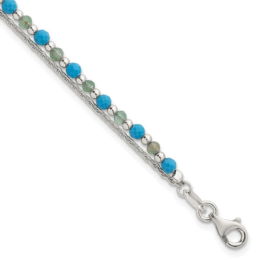 Sterling Silver Polished Green Aventurine and Turquoise Beaded Double Strand 7.5 inch Bracelet QG6872-7.5