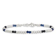Sterling Silver Polished Blue Agate and Spinel Beaded 7.5 inch Bracelet QG6873-7.5