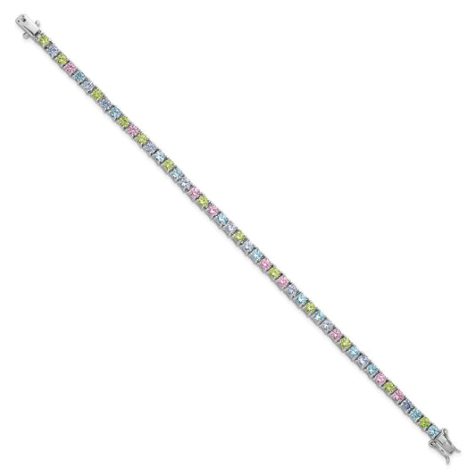 Sterling Silver Rhodium-plated Polished Pastel Green, Pink, Blue and Purple CZ 7.25 inch Bracelet QG6875-7.25