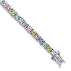 Sterling Silver Rhodium-plated Polished Pastel Green, Pink, Blue and Purple CZ 7.25 inch Bracelet QG6875-7.25