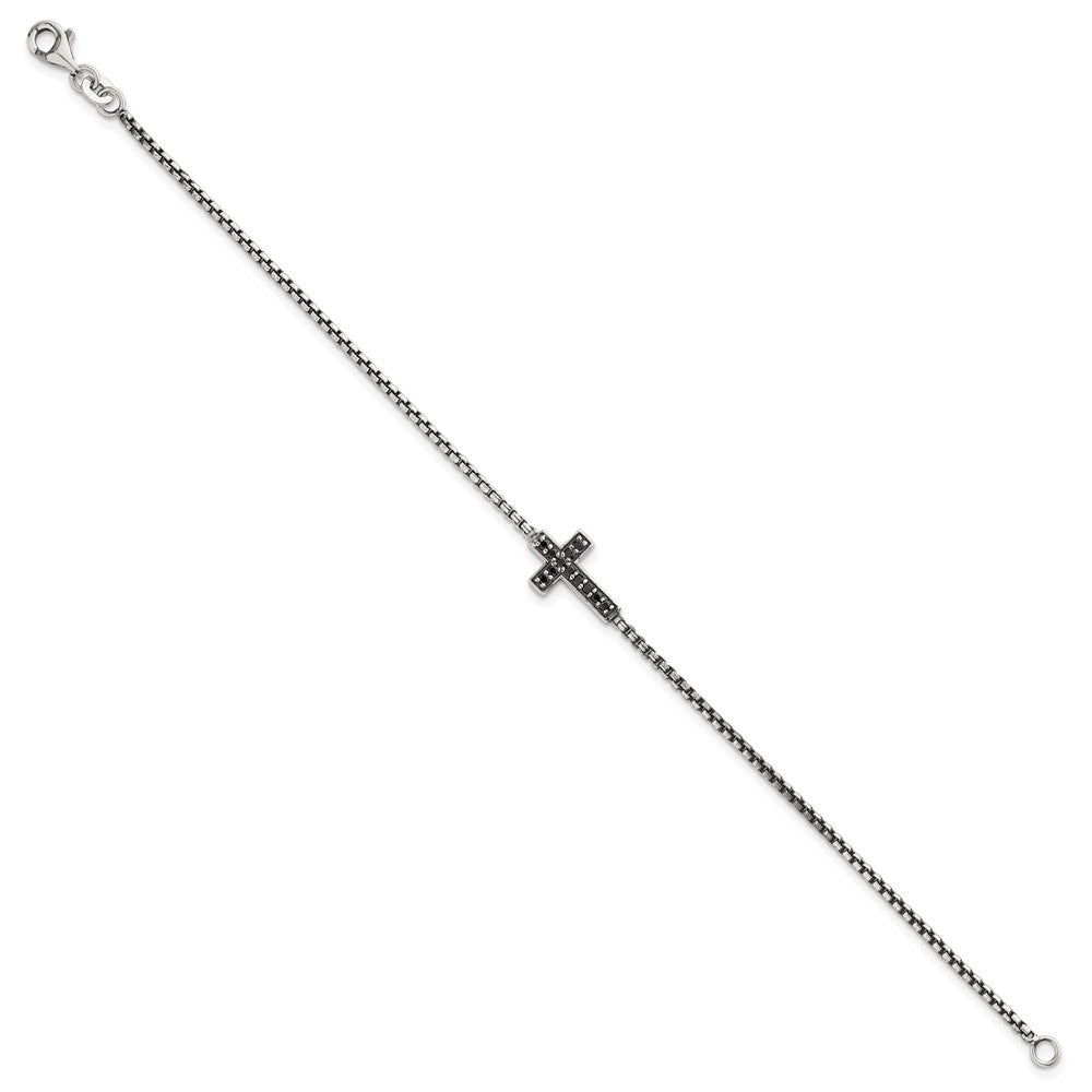 Sterling Silver Polished and Antiqued Black CZ Cross 7.5 inch Bracelet QG6876-7.5