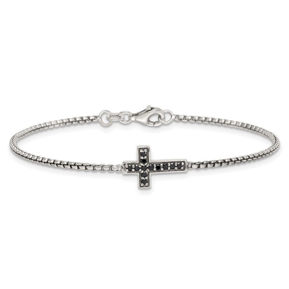 Sterling Silver Polished and Antiqued Black CZ Cross 7.5 inch Bracelet QG6876-7.5