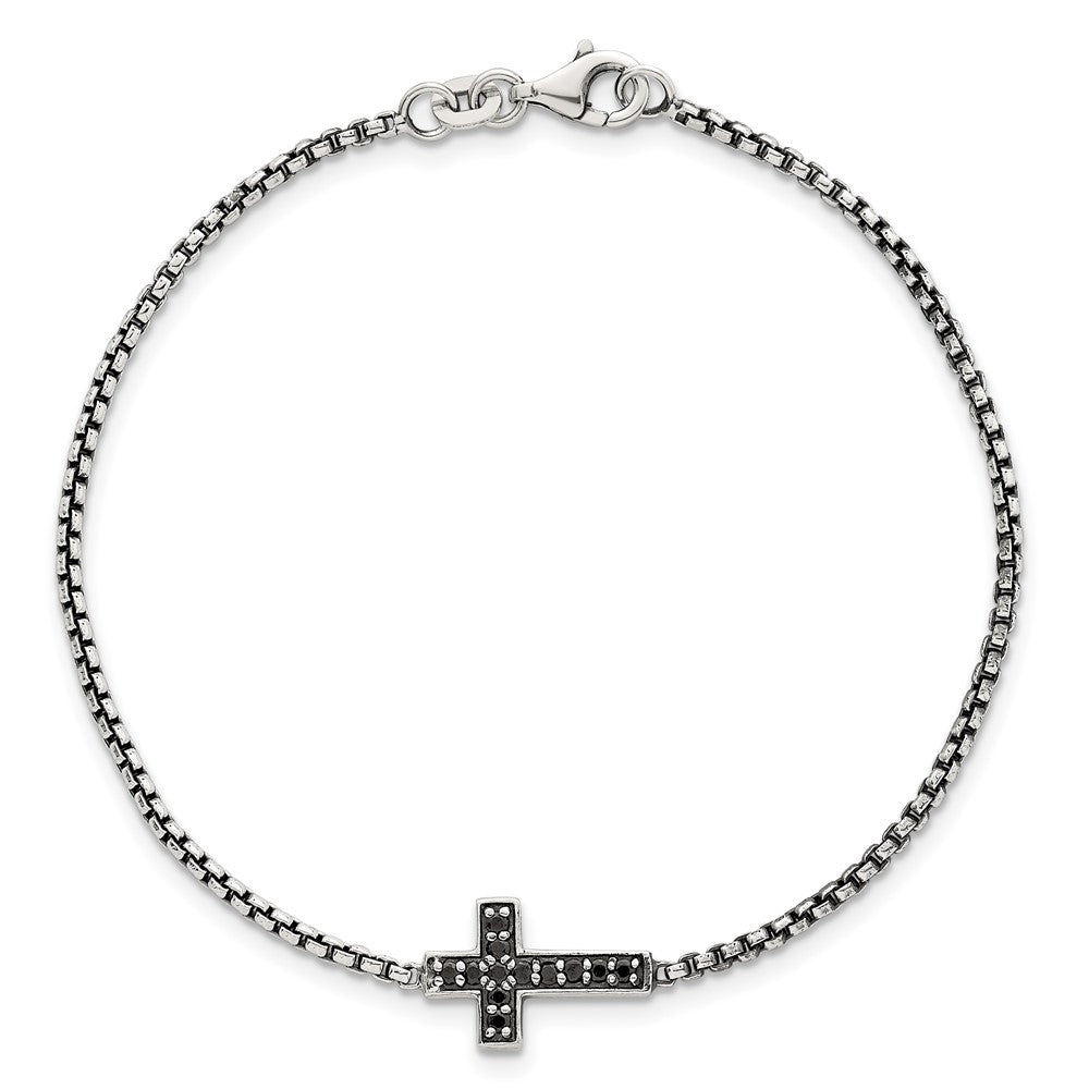 Sterling Silver Polished and Antiqued Black CZ Cross 7.5 inch Bracelet QG6876-7.5