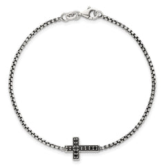 Sterling Silver Polished and Antiqued Black CZ Cross 7.5 inch Bracelet QG6876-7.5