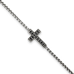 Sterling Silver Polished and Antiqued Black CZ Cross 7.5 inch Bracelet QG6876-7.5