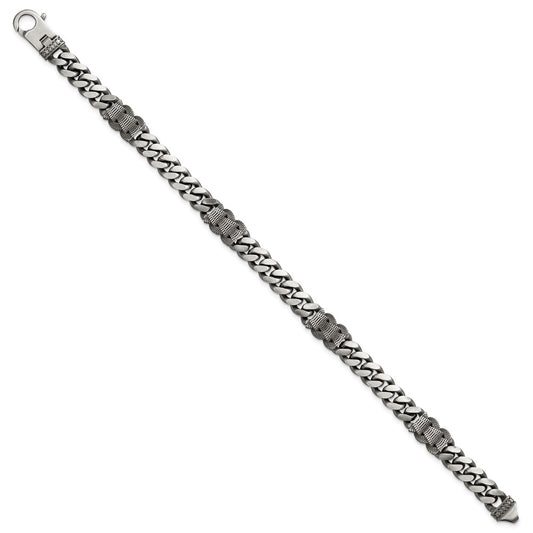 Sterling Silver Black Ruthenium-plated Brushed and Textured Fancy Flat Curb Chain Mens 8.5 inch Bracelet QG6917-8.5
