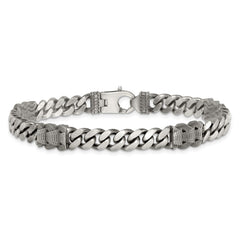 Sterling Silver Black Ruthenium-plated Brushed and Textured Fancy Flat Curb Chain Mens 8.5 inch Bracelet QG6917-8.5