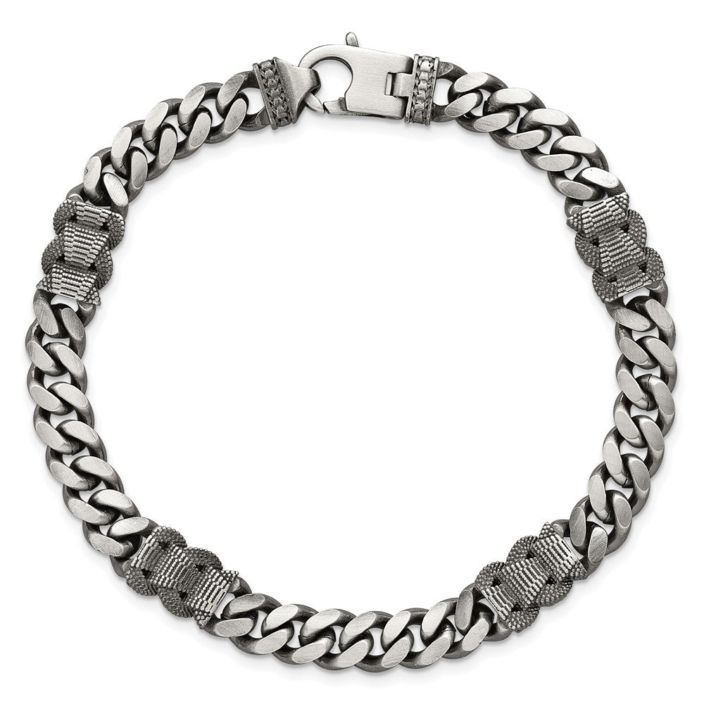 Sterling Silver Black Ruthenium-plated Brushed and Textured Fancy Flat Curb Chain Mens 8.5 inch Bracelet QG6917-8.5