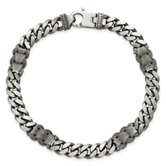 Sterling Silver Black Ruthenium-plated Brushed and Textured Fancy Flat Curb Chain Mens 8.5 inch Bracelet QG6917-8.5