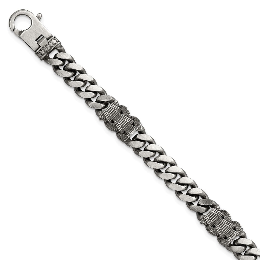 Sterling Silver Black Ruthenium-plated Brushed and Textured Fancy Flat Curb Chain Mens 8.5 inch Bracelet QG6917-8.5