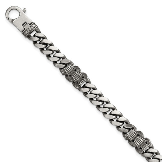 Sterling Silver Black Ruthenium-plated Brushed and Textured Fancy Flat Curb Chain Mens 8.5 inch Bracelet QG6917-8.5