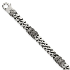 Sterling Silver Black Ruthenium-plated Brushed and Textured Fancy Flat Curb Chain Mens 8.5 inch Bracelet QG6917-8.5