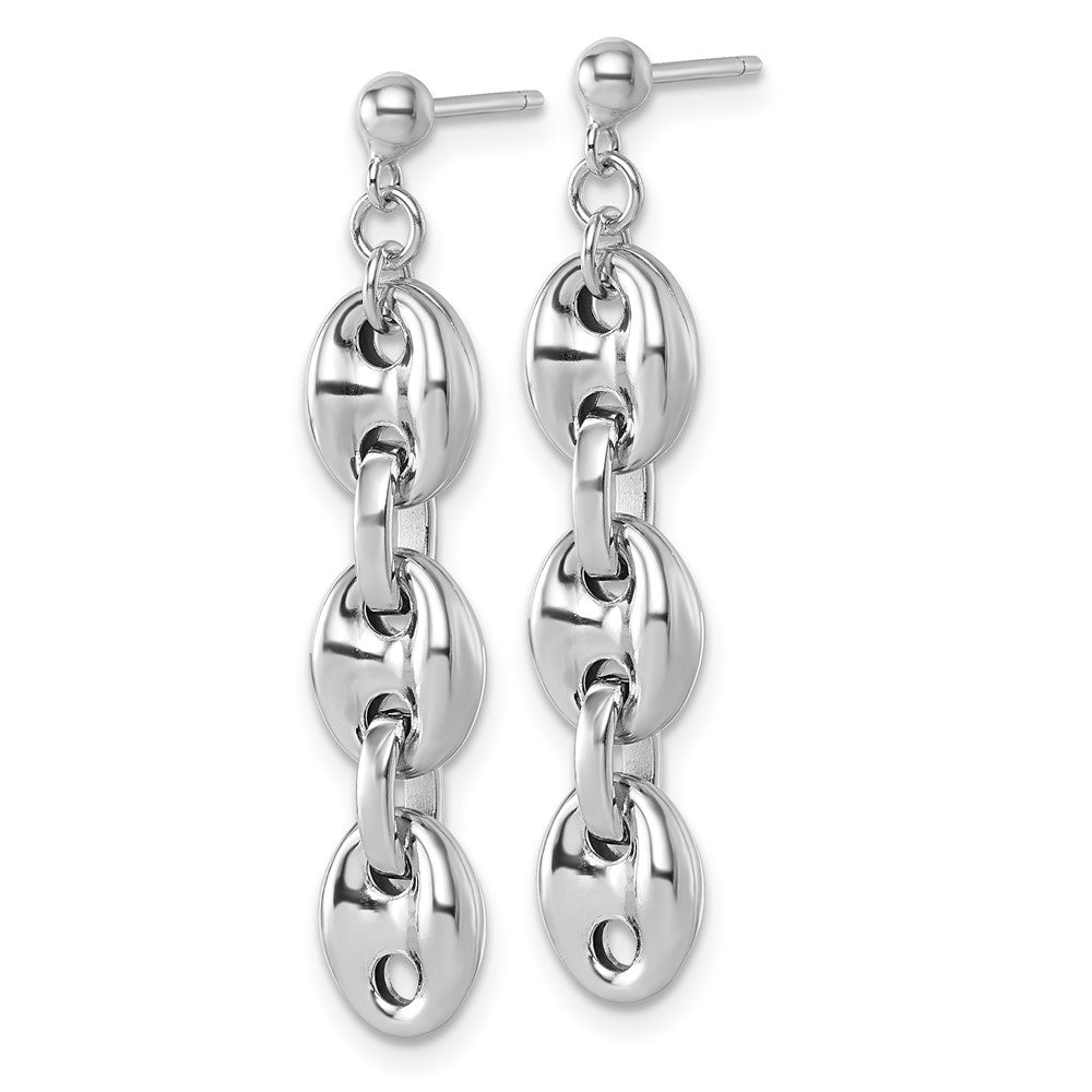 QG6919E Sterling Silver Rhodium-plated Polished Puffed Mariner Chain Dangle Post Earrings