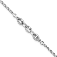 Sterling Silver Rhodium-plated Puffed Mariner Center with Side CZs 7 inch with 1 inch Extender Bracelet QG6921-7