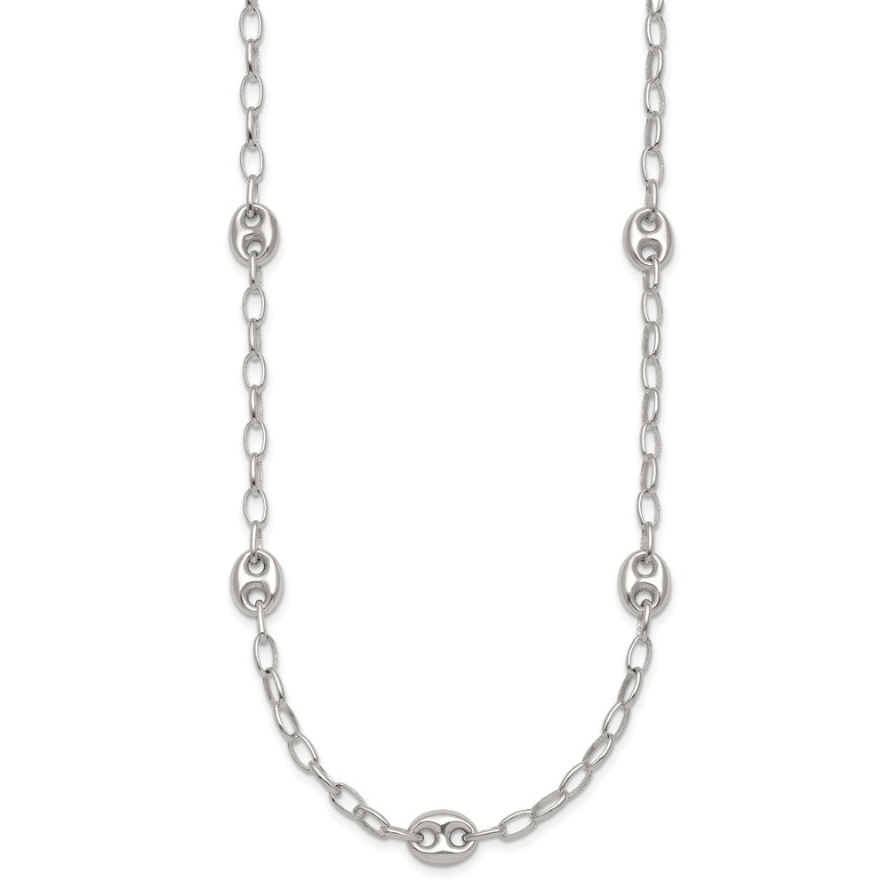 Sterling Silver Puffed Anchor/Mariner Link and Chain 7-Station 17 inch with 1.5 inch Extension Necklace QG6922-17