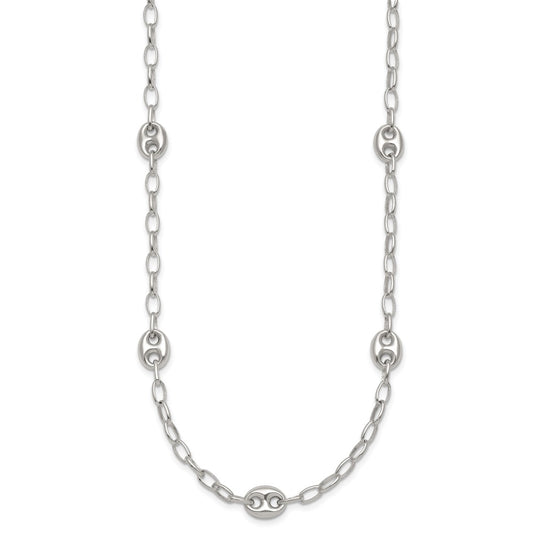 Sterling Silver Puffed Anchor/Mariner Link and Chain 7-Station 17 inch with 1.5 inch Extension Necklace QG6922-17