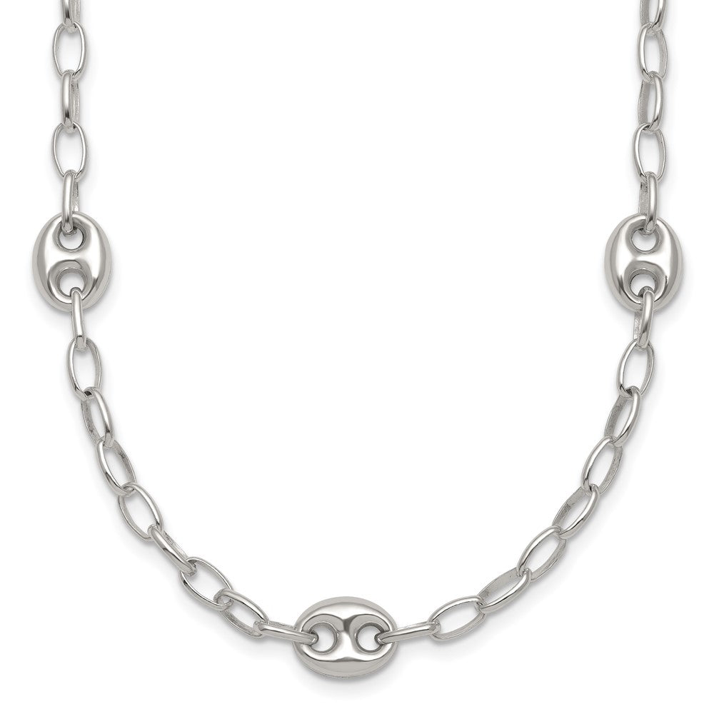 Sterling Silver Puffed Anchor/Mariner Link and Chain 7-Station 17 inch with 1.5 inch Extension Necklace QG6922-17