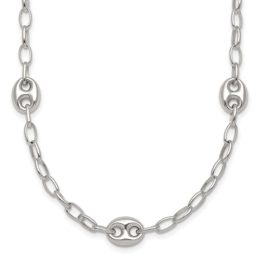 Sterling Silver Puffed Anchor/Mariner Link and Chain 7-Station 17 inch with 1.5 inch Extension Necklace QG6922-17