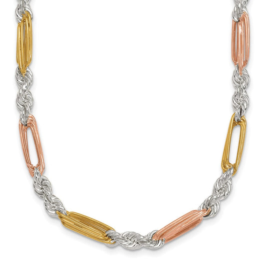 Sterling Silver Rose-tone and Gold-tone Polished 4.5mm Figaro Rope 18 Inch Necklace QG6927-18