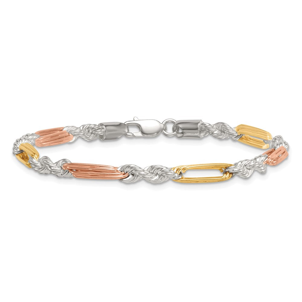 Sterling Silver Rose-tone and Gold-tone Polished 4.5mm Figaro Rope 7.5 Inch Bracelet QG6927-7.5
