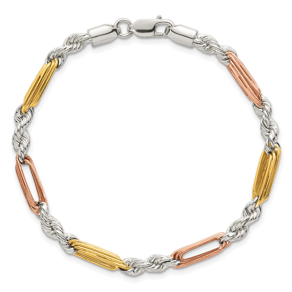 Sterling Silver Rose-tone and Gold-tone Polished 4.5mm Figaro Rope 7.5 Inch Bracelet QG6927-7.5