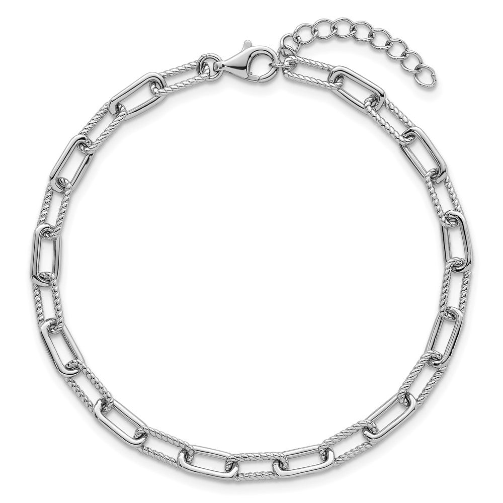 Sterling Silver Rhodium-plated Polished and Twisted Paperclip Link 7 Inch with 1 Inch Extension Bracelet QG6934-7