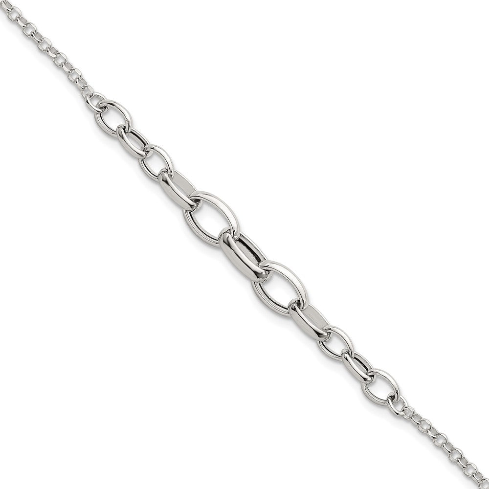 Sterling Silver Polished Fancy Graduated Cable Link 7 Inch with 1 Inch Extension Bracelet QG6935-7