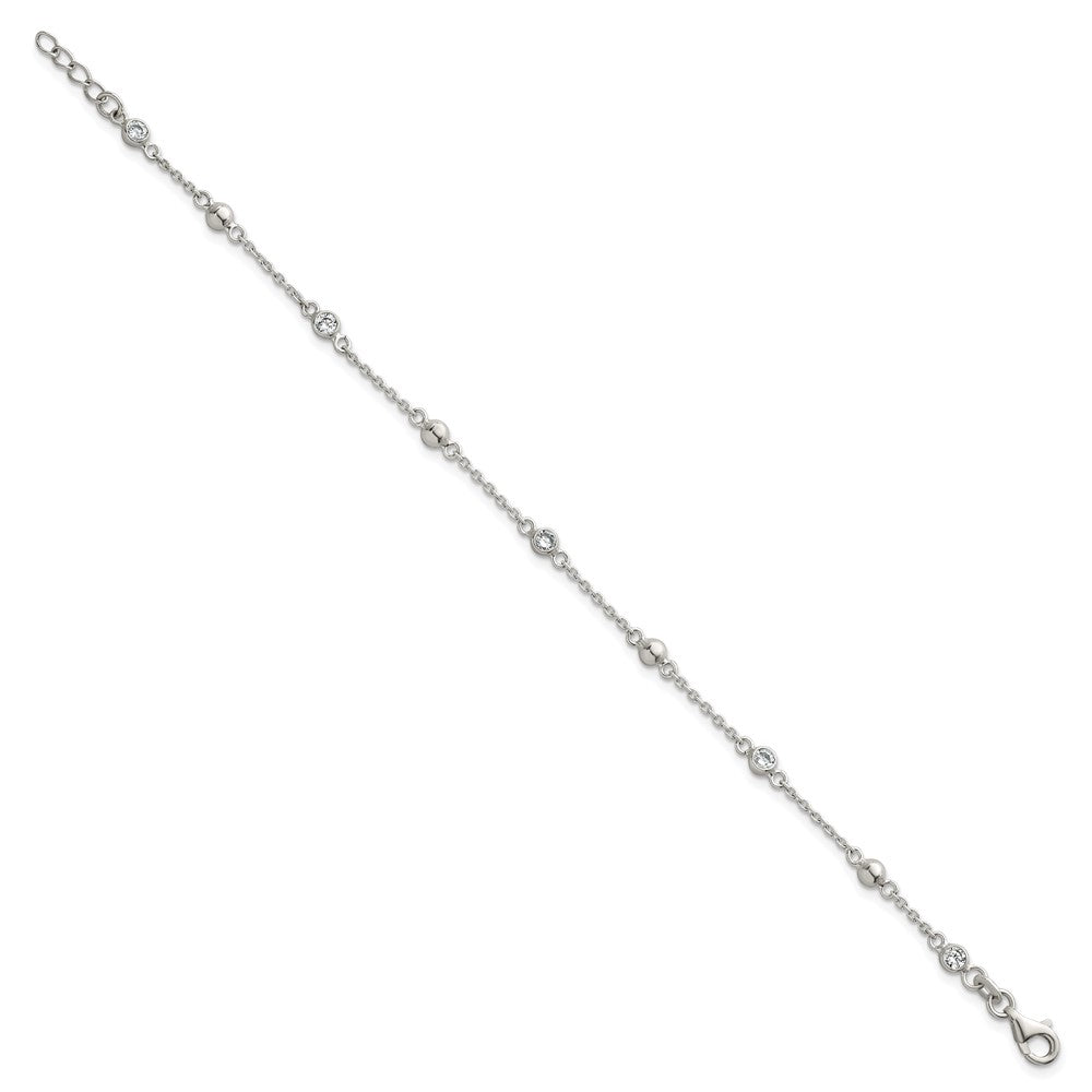 Sterling Silver Polished and Beaded CZ 6.75 inch with 0.5 inch Extension Bracelet QG6941-7