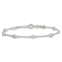 Sterling Silver Polished and Beaded CZ 6.75 inch with 0.5 inch Extension Bracelet QG6941-7