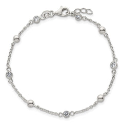 Sterling Silver Polished and Beaded CZ 6.75 inch with 0.5 inch Extension Bracelet QG6941-7
