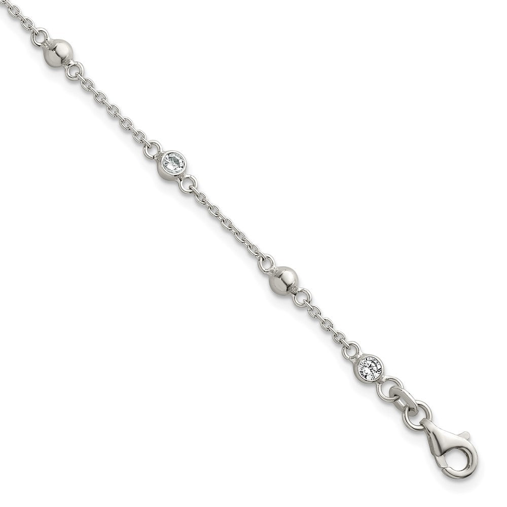 Sterling Silver Polished and Beaded CZ 6.75 inch with 0.5 inch Extension Bracelet QG6941-7