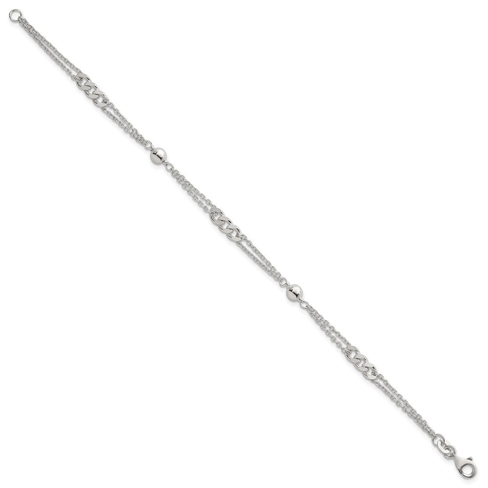 Sterling Silver Polished and Beaded Fancy Double-Strand Link 7.25 inch Bracelet QG6942-7.25