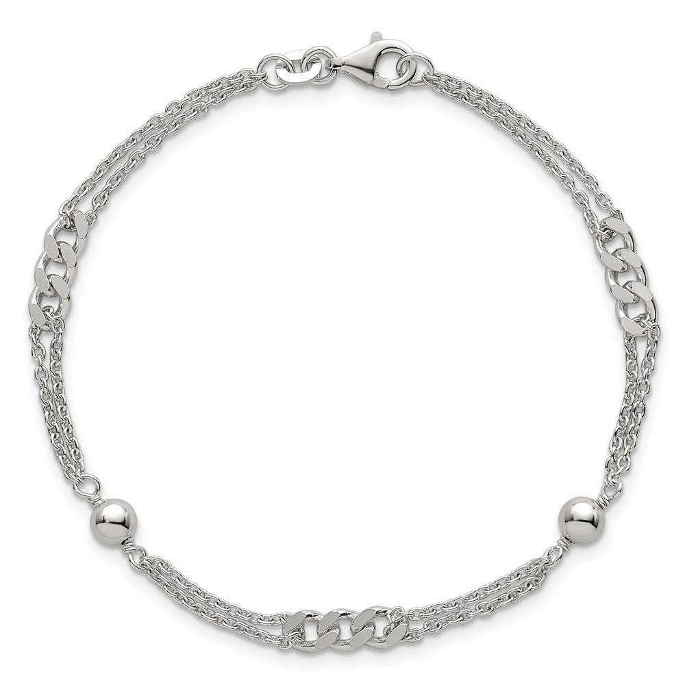 Sterling Silver Polished and Beaded Fancy Double-Strand Link 7.25 inch Bracelet QG6942-7.25