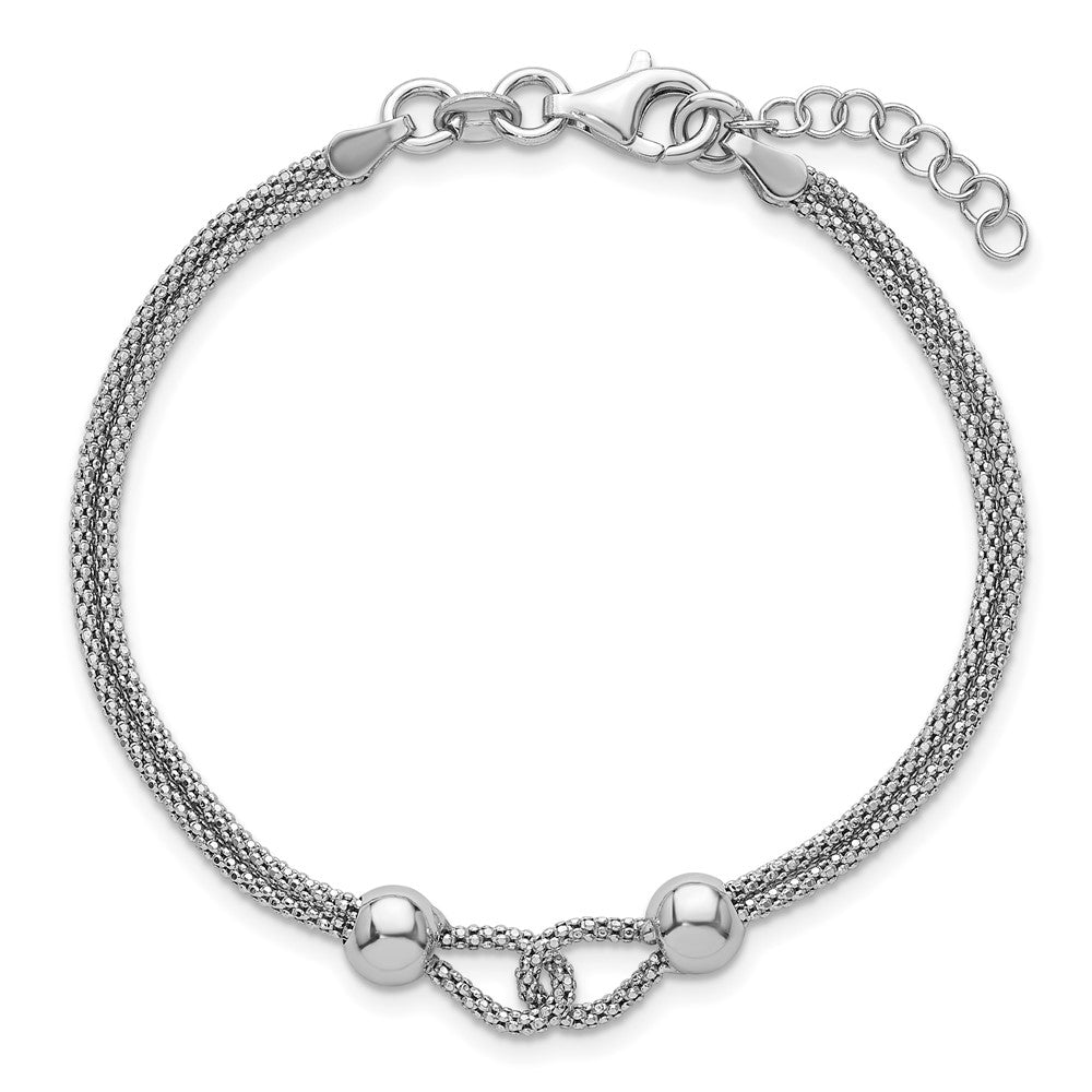 Sterling Silver Rhodium-plated Polished Beads Double Strand Mesh 7 inch with 0.75 inch Extender Bracelet QG6945-7