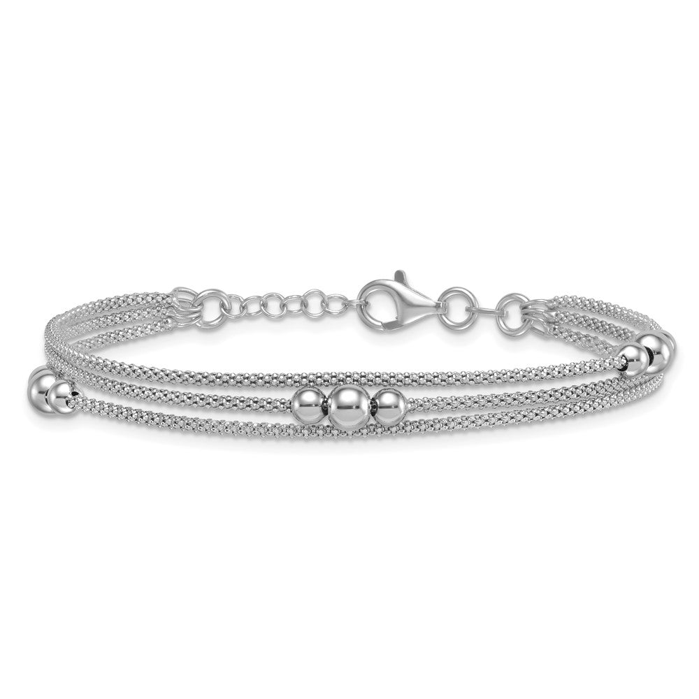 Sterling Silver Rhodium-plated Beaded Triple Strand Mesh 7 inch with 0.5 inch Extension Bracelet QG6946-7