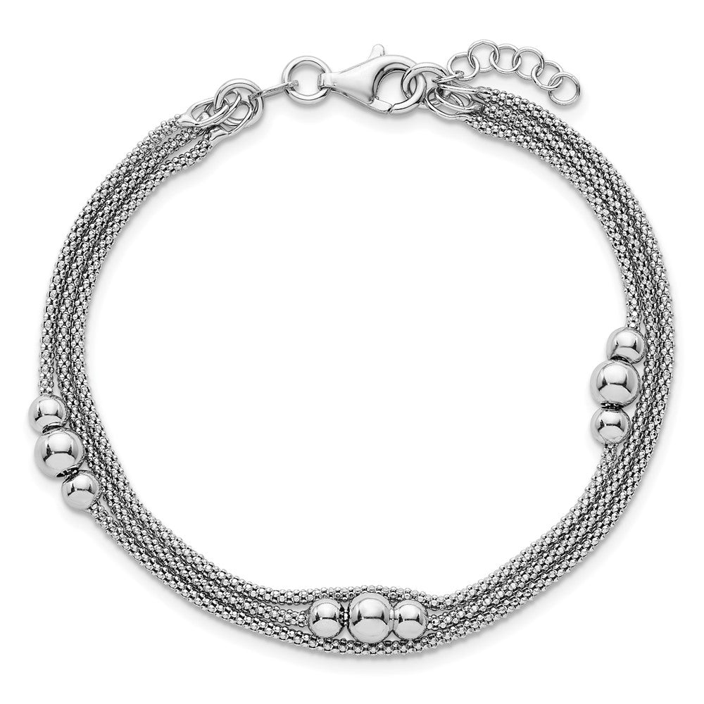 Sterling Silver Rhodium-plated Beaded Triple Strand Mesh 7 inch with 0.5 inch Extension Bracelet QG6946-7