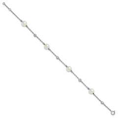 Sterling Silver Rhodium-plated Polished CZ and Shell Pearl 8-Station 7 inch with 0.5 inch Extender Bracelet QG6948-7