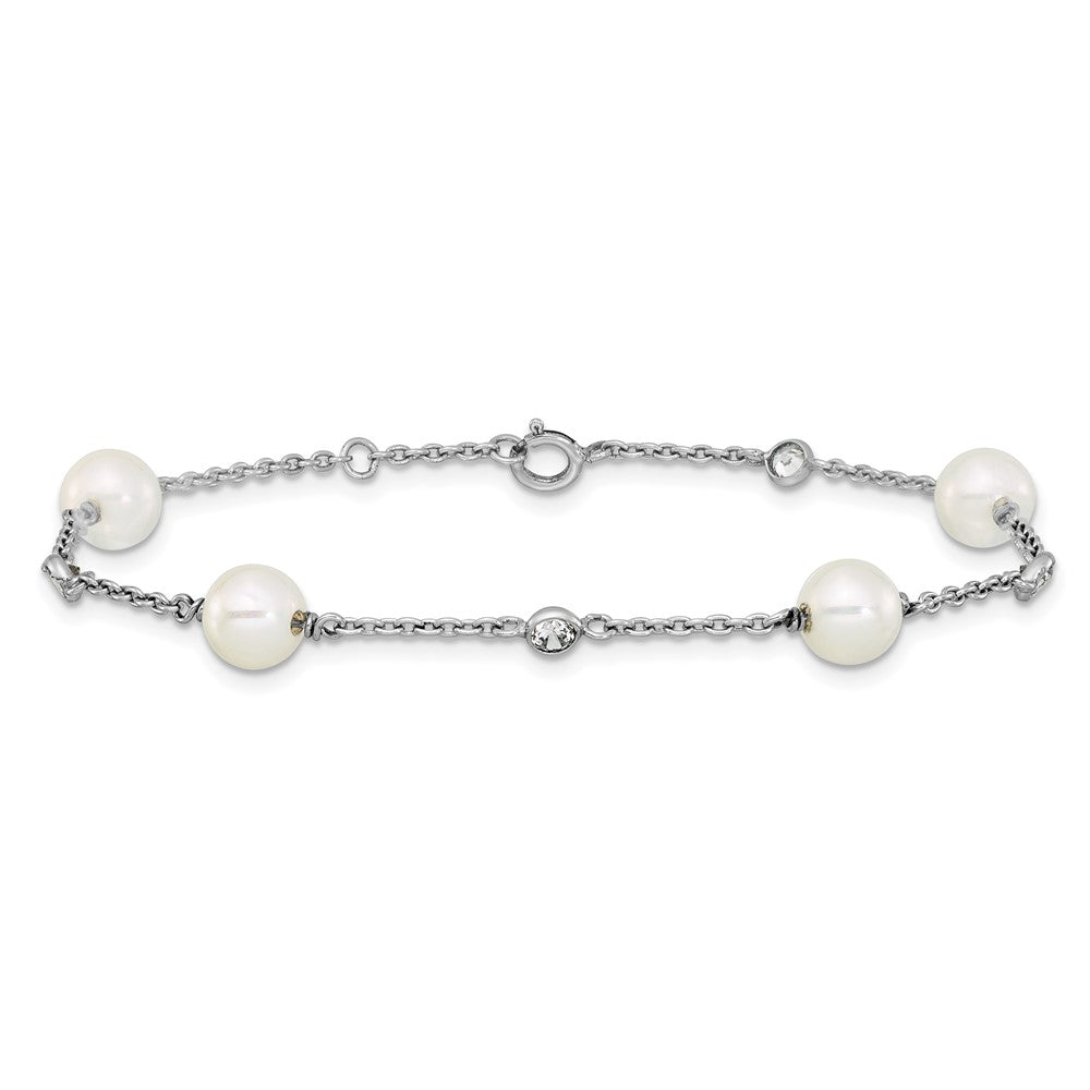 Sterling Silver Rhodium-plated Polished CZ and Shell Pearl 8-Station 7 inch with 0.5 inch Extender Bracelet QG6948-7