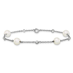 Sterling Silver Rhodium-plated Polished CZ and Shell Pearl 8-Station 7 inch with 0.5 inch Extender Bracelet QG6948-7