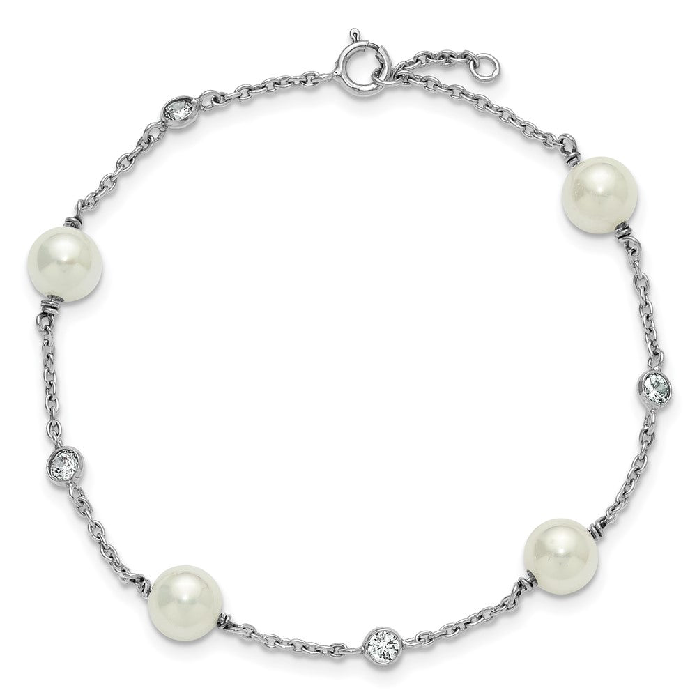 Sterling Silver Rhodium-plated Polished CZ and Shell Pearl 8-Station 7 inch with 0.5 inch Extender Bracelet QG6948-7