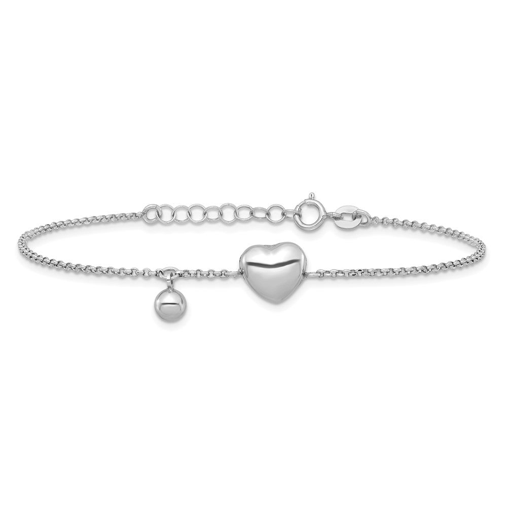 Sterling Silver Rhodium-plated Polished Puffed Heart and Ball 7 inch with 1 inch Extender Bracelet QG6952-7