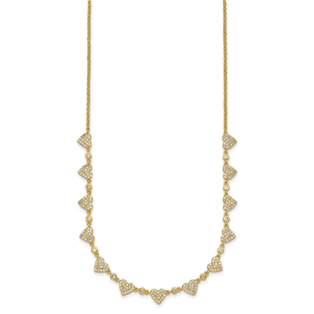 Sterling Silver Gold-tone Polished Pave CZ Hearts 16 Inch with 2 Inch Extension Necklace QG6955GP-16