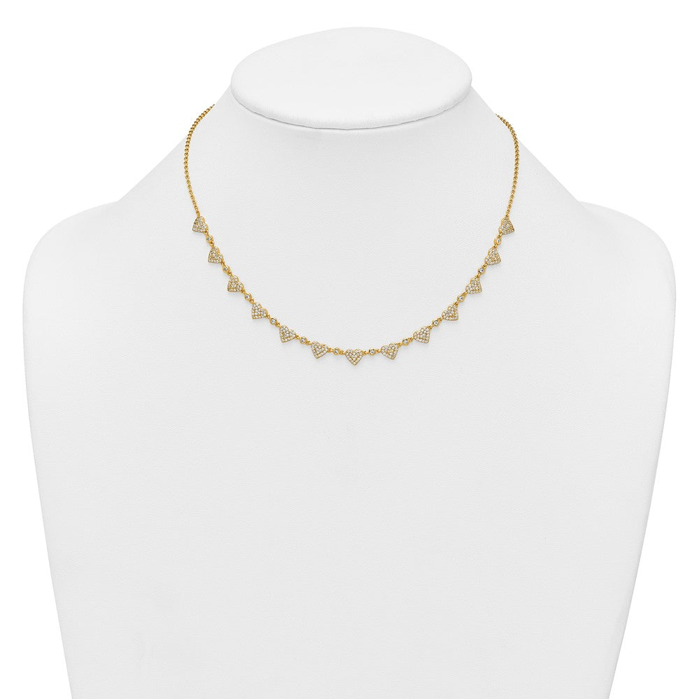 Sterling Silver Gold-tone Polished Pave CZ Hearts 16 Inch with 2 Inch Extension Necklace QG6955GP-16
