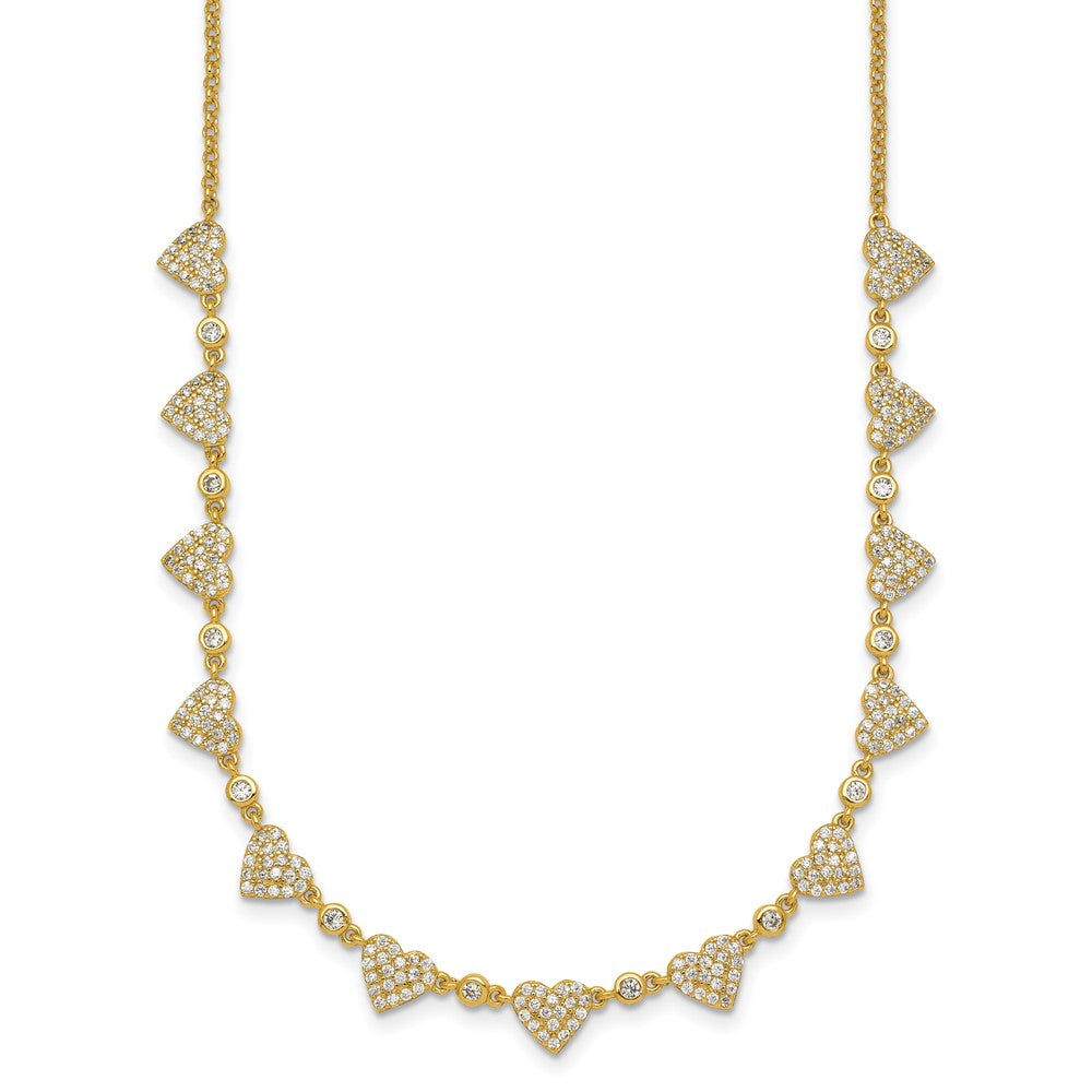 Sterling Silver Gold-tone Polished Pave CZ Hearts 16 Inch with 2 Inch Extension Necklace QG6955GP-16