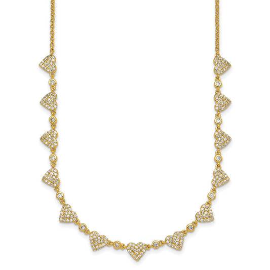Sterling Silver Gold-tone Polished Pave CZ Hearts 16 Inch with 2 Inch Extension Necklace QG6955GP-16
