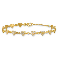 Sterling Silver Gold-tone Polished Pave CZ Hearts 7 Inch with 1 Inch Extension Bracelet QG6955GP-7