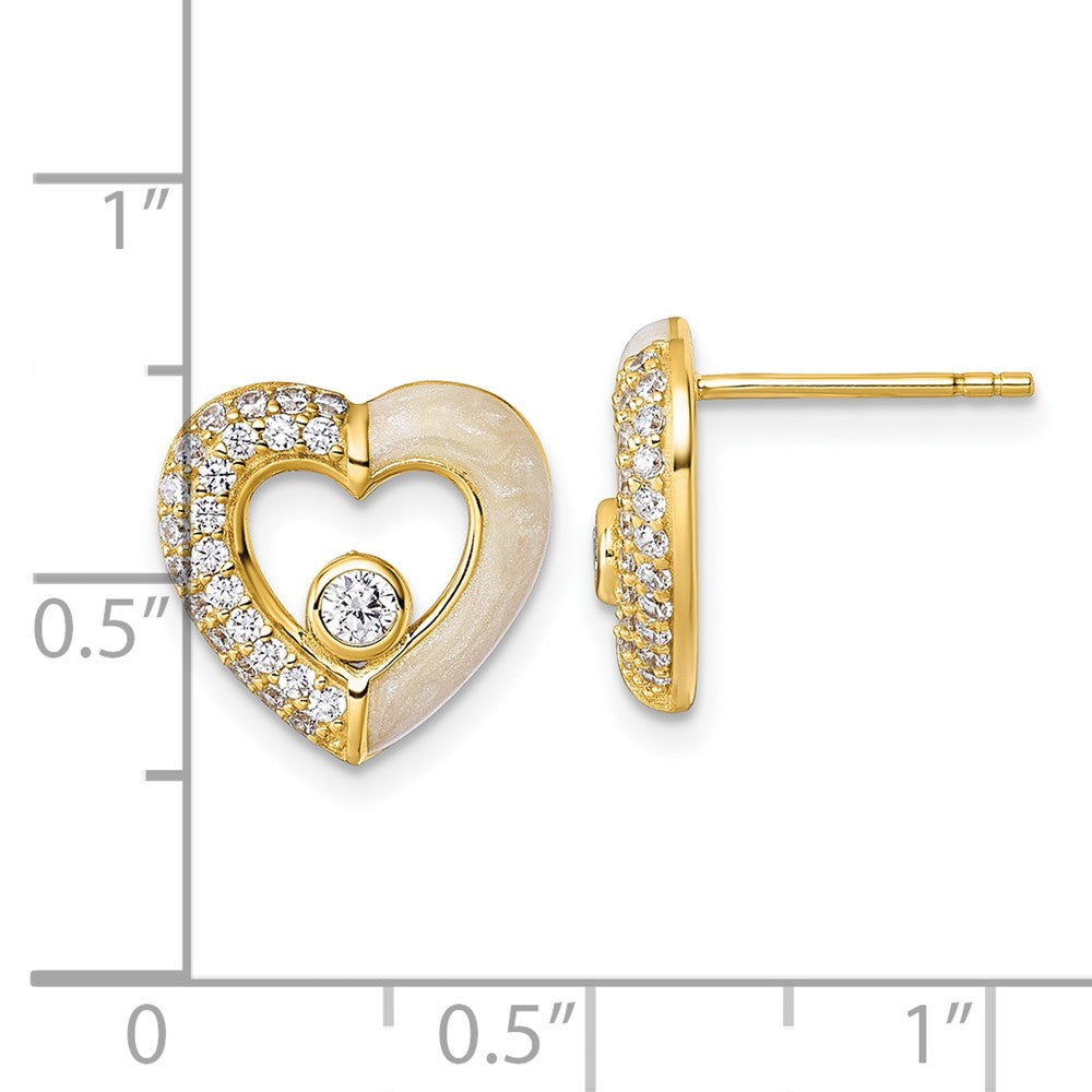 QG6957EGP Sterling Silver Gold-tone Polished CZ and Champagne Enamel Open Heart Post Earrings