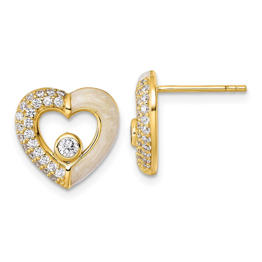 QG6957EGP Sterling Silver Gold-tone Polished CZ and Champagne Enamel Open Heart Post Earrings